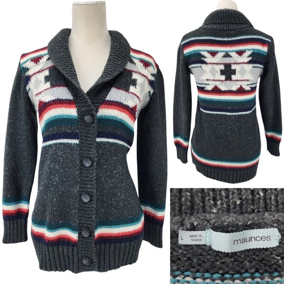 Maurices Womens Large South Western Aztec Acrylic Button Up Cardigan Sweater Top - Picture 1 of 15